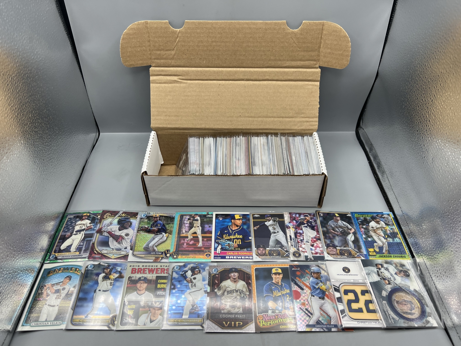 Box of Assorted Milwaukee Brewers Baseball Cards W/ Many Stars, Rookies, Autos, Relics, Refractors, Parallels, & More