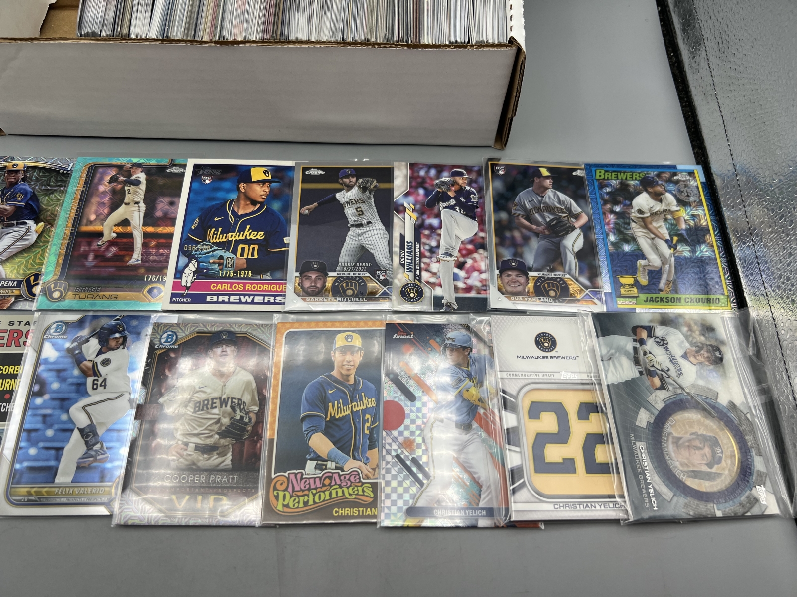Box of Assorted Milwaukee Brewers Baseball Cards W/ Many Stars, Rookies, Autos, Relics, Refractors, Parallels, & More