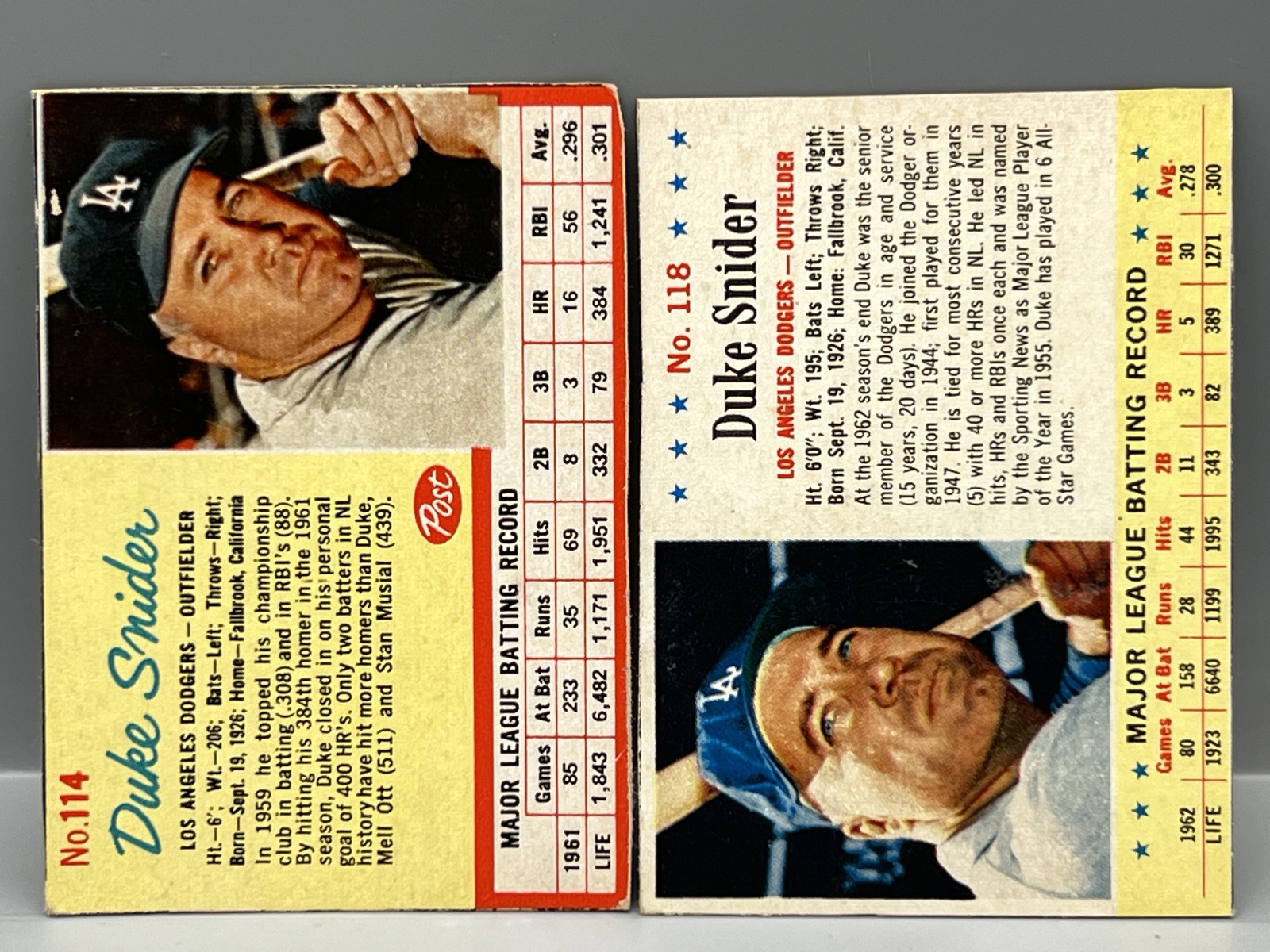 1962 & 1963 Post Cereal Duke Snider #114 & #118