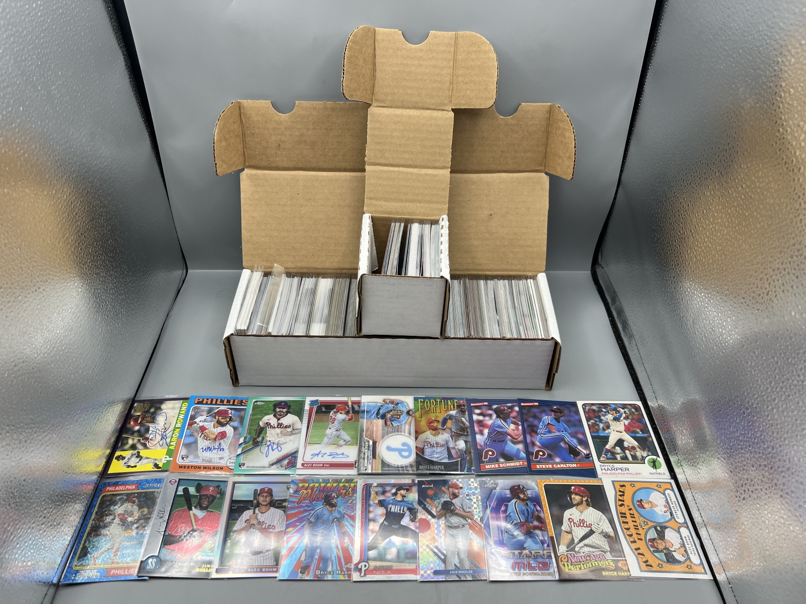 Box of Assorted Philadelphia Phillies Baseball Cards W/ Many Stars, Rookies, Autos, Relics, Refractors, Parallels, & More