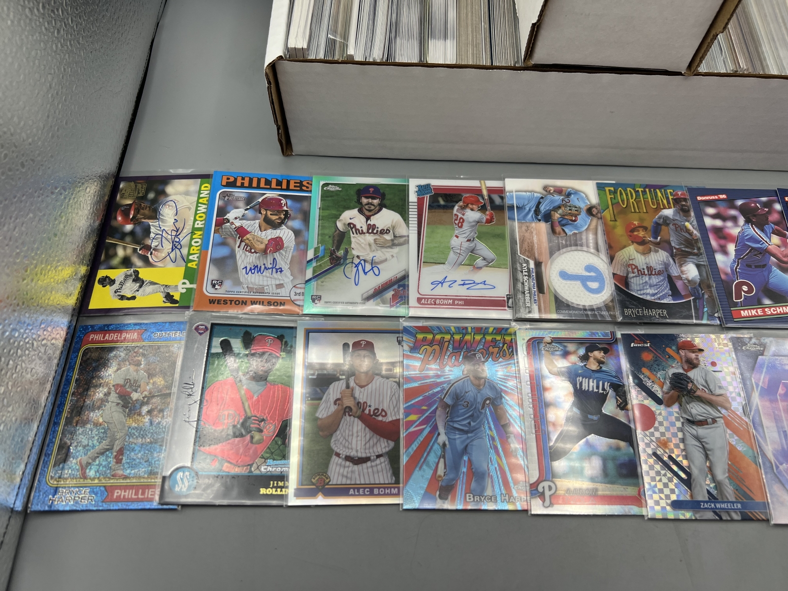 Box of Assorted Philadelphia Phillies Baseball Cards W/ Many Stars, Rookies, Autos, Relics, Refractors, Parallels, & More