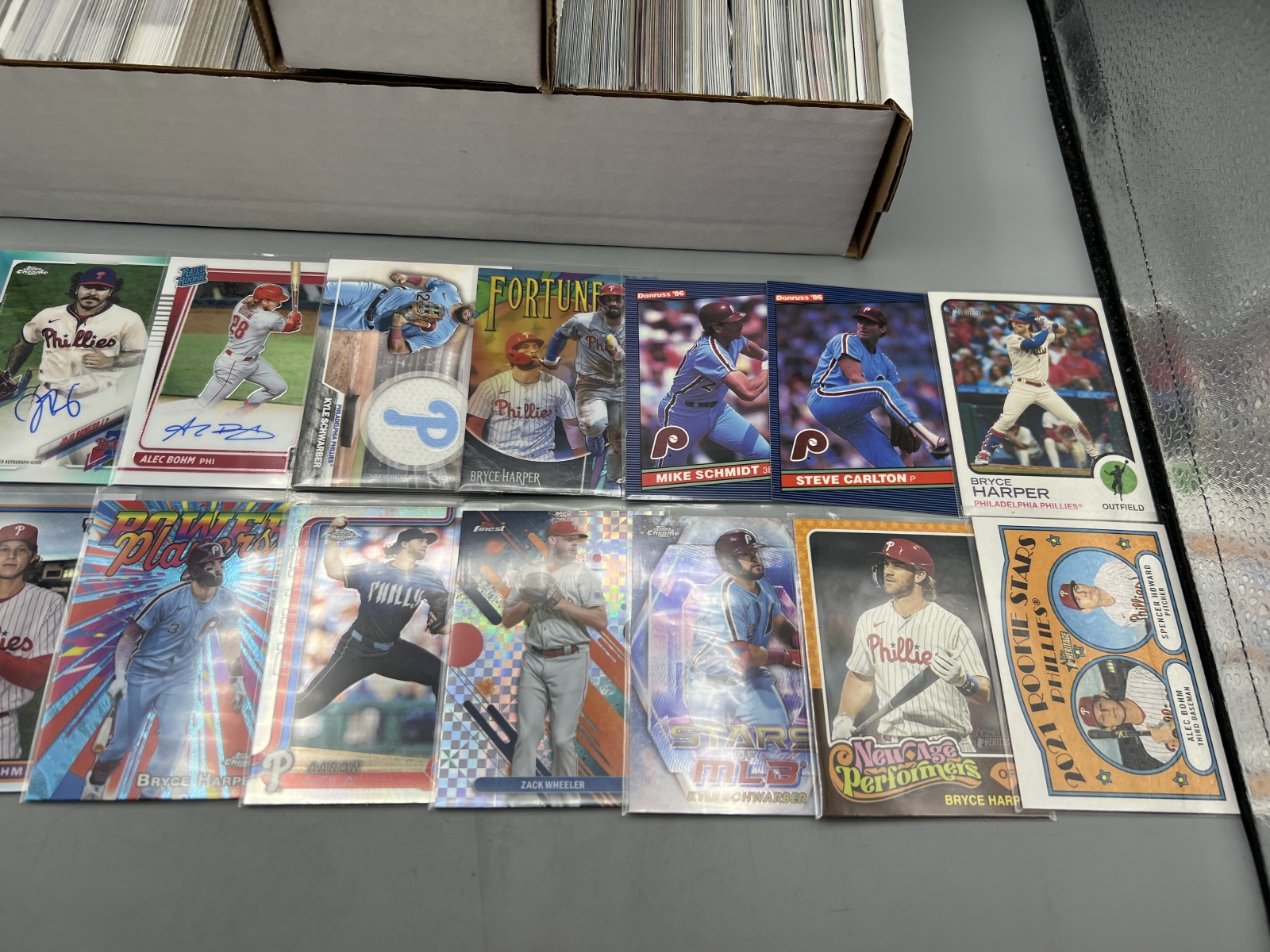 Box of Assorted Philadelphia Phillies Baseball Cards W/ Many Stars, Rookies, Autos, Relics, Refractors, Parallels, & More