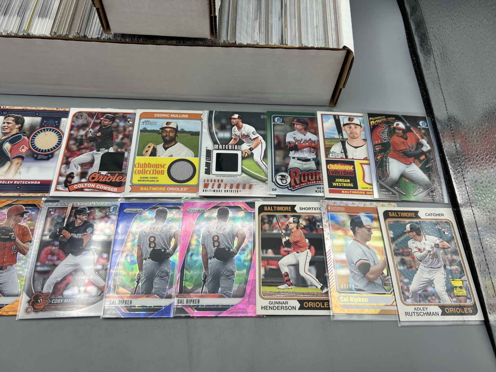 Box of Assorted Baltimore Orioles Baseball Cards W/ Many Stars, Rookies, Autos, Relics, Refractors, Parallels, & More