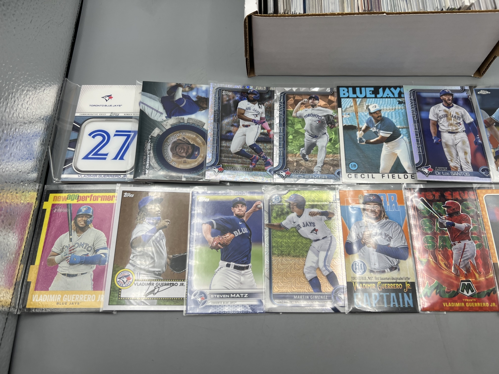 Box of Assorted Toronto Blue Jays Baseball Cards W/ Many Stars, Rookies, Autos, Relics, Refractors, Parallels, & More