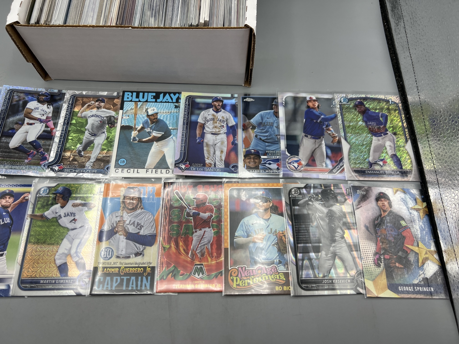 Box of Assorted Toronto Blue Jays Baseball Cards W/ Many Stars, Rookies, Autos, Relics, Refractors, Parallels, & More