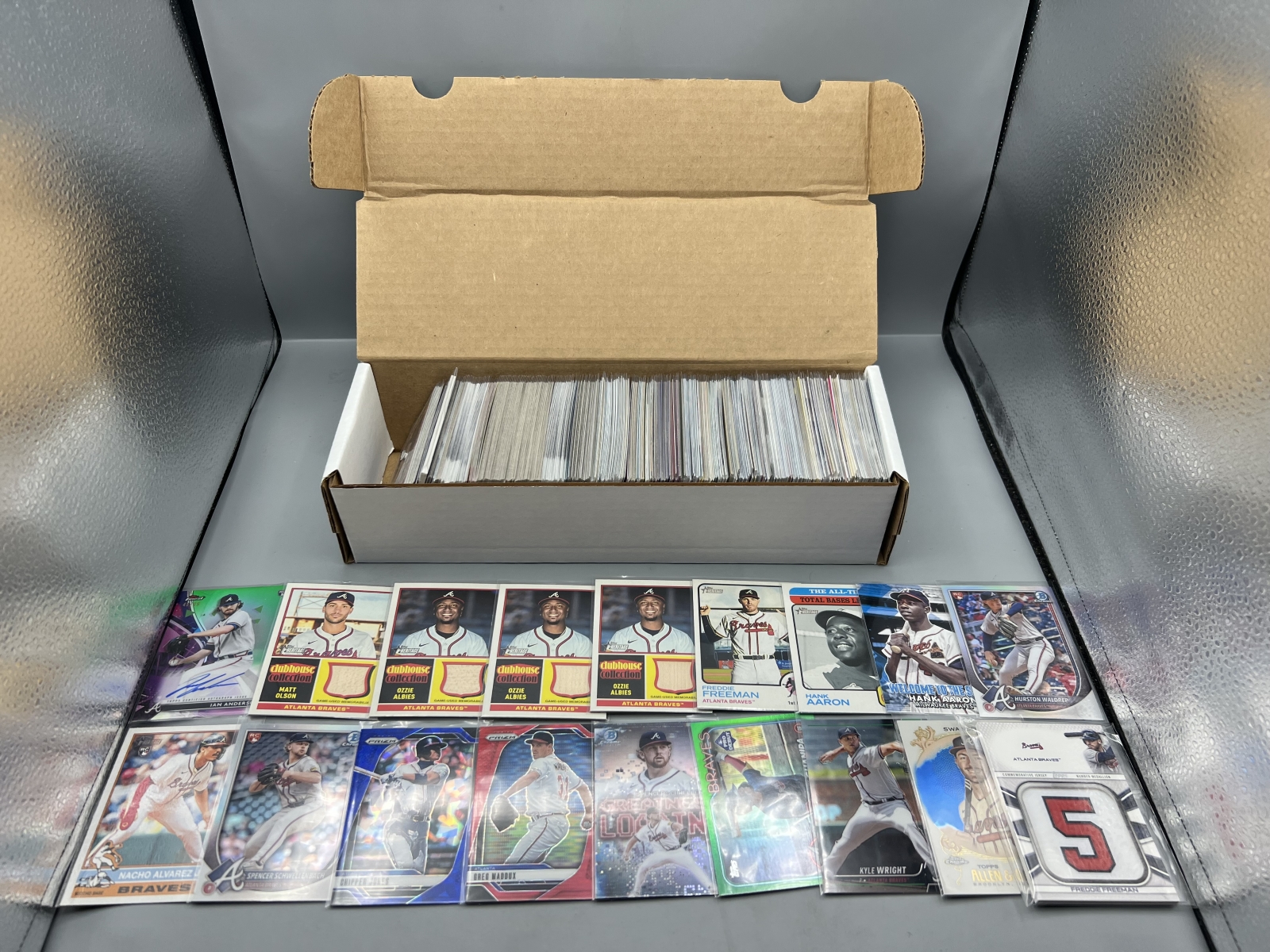 Box of Assorted Atlanta Braves Baseball Cards W/ Many Stars, Rookies, Autos, Relics, Refractors, Parallels, & More