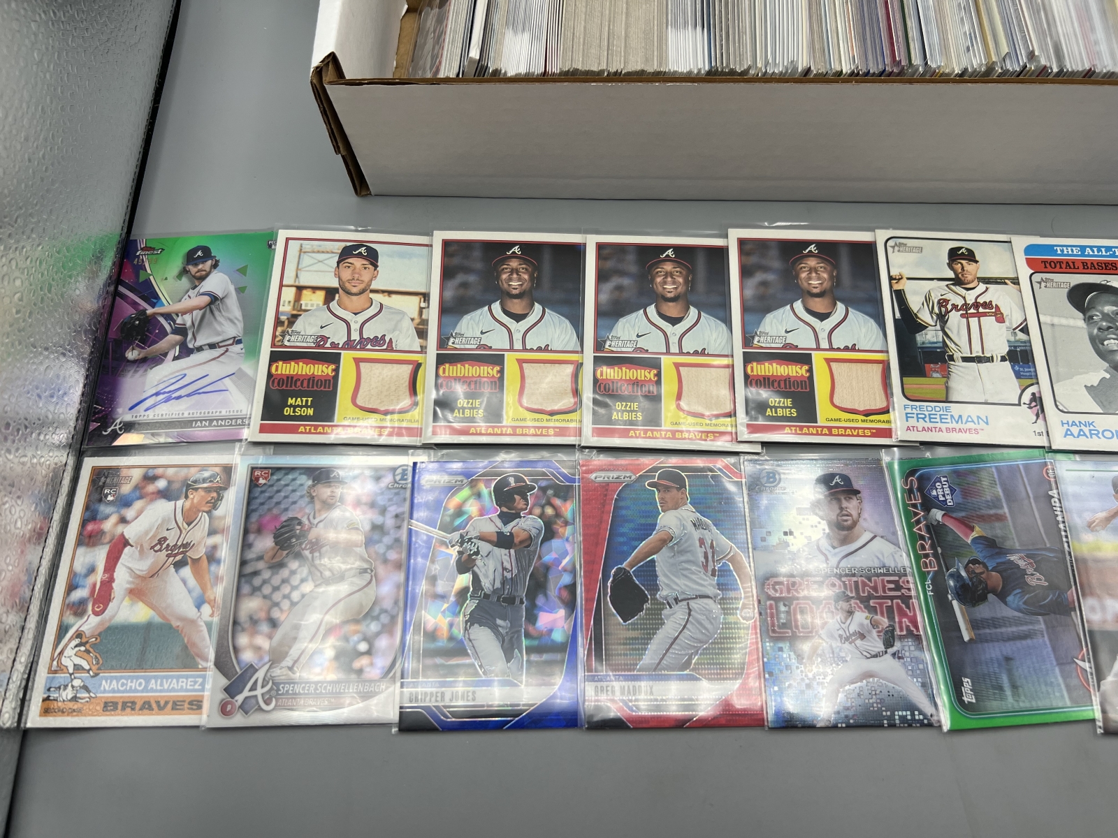 Box of Assorted Atlanta Braves Baseball Cards W/ Many Stars, Rookies, Autos, Relics, Refractors, Parallels, & More
