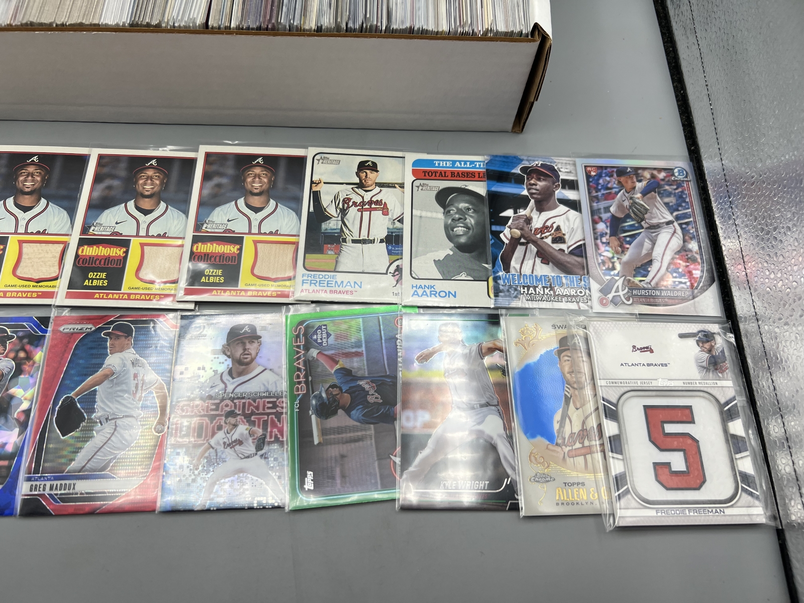 Box of Assorted Atlanta Braves Baseball Cards W/ Many Stars, Rookies, Autos, Relics, Refractors, Parallels, & More