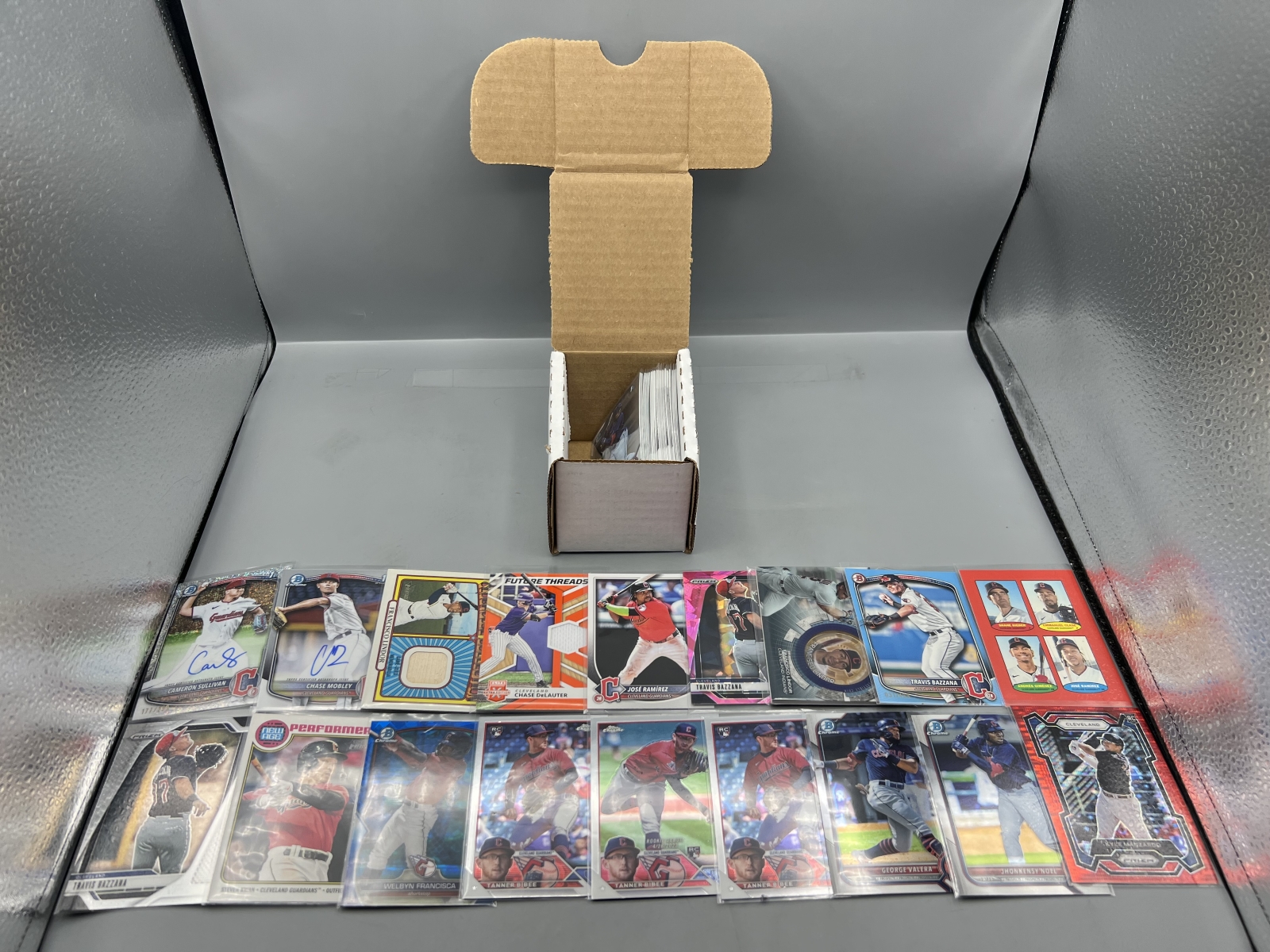 Box of Assorted Cleveland Guardians Baseball Cards W/ Many Stars, Rookies, Autos, Relics, Refractors, Parallels, & More