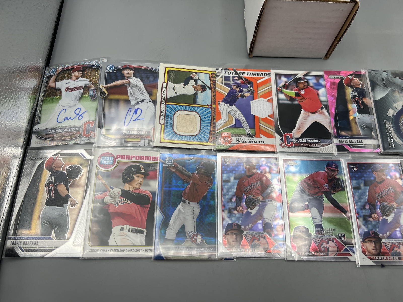 Box of Assorted Cleveland Guardians Baseball Cards W/ Many Stars, Rookies, Autos, Relics, Refractors, Parallels, & More