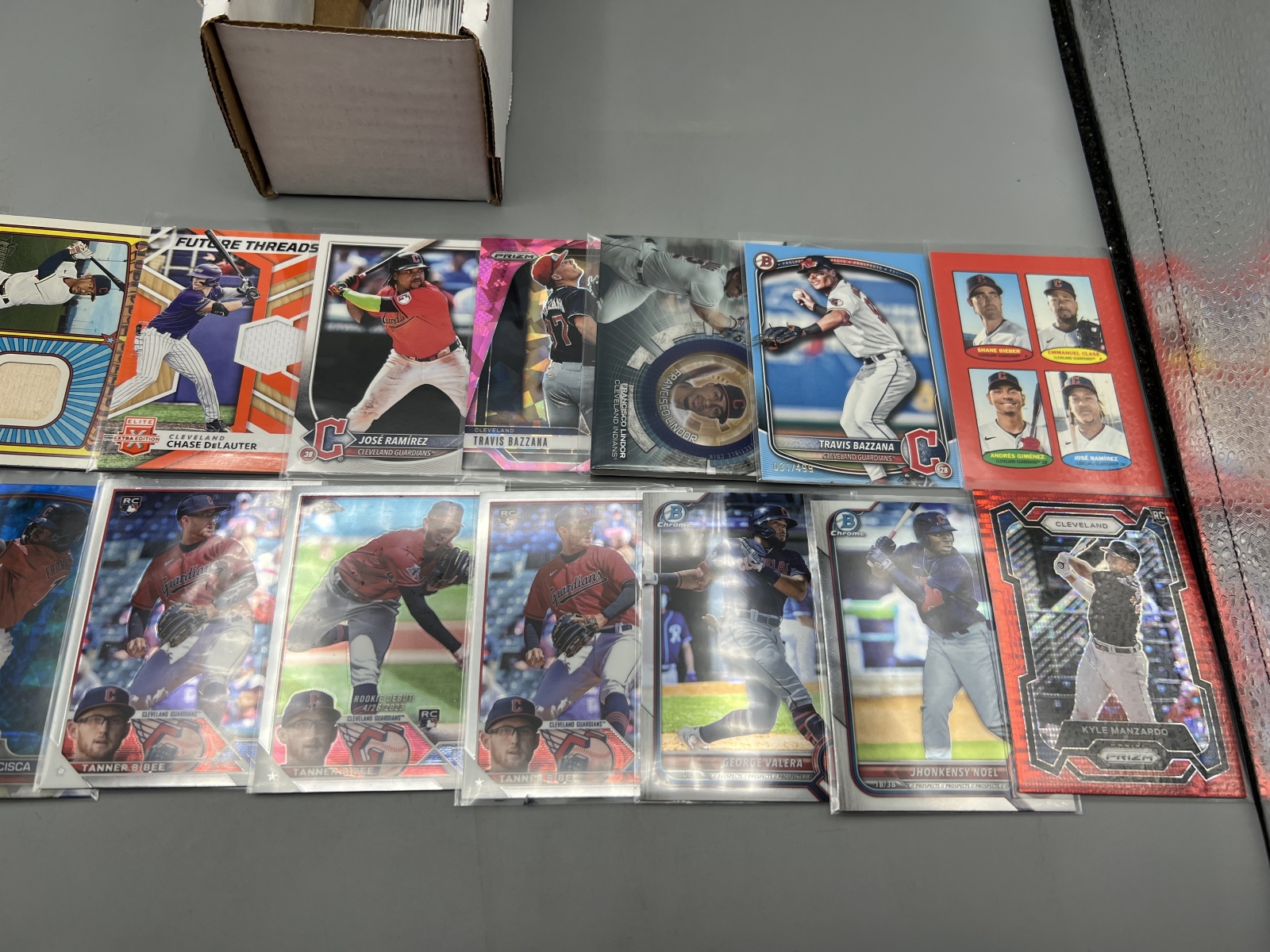 Box of Assorted Cleveland Guardians Baseball Cards W/ Many Stars, Rookies, Autos, Relics, Refractors, Parallels, & More