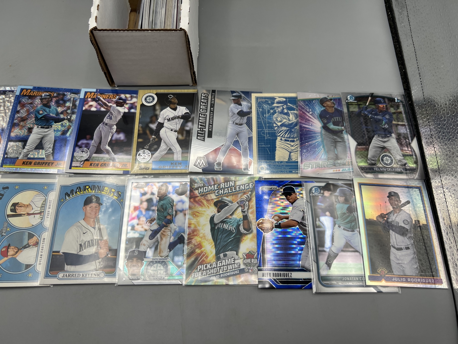 Box of Assorted Seattle Mariners Baseball Cards W/ Many Stars, Rookies, Autos, Relics, Refractors, Parallels, & More