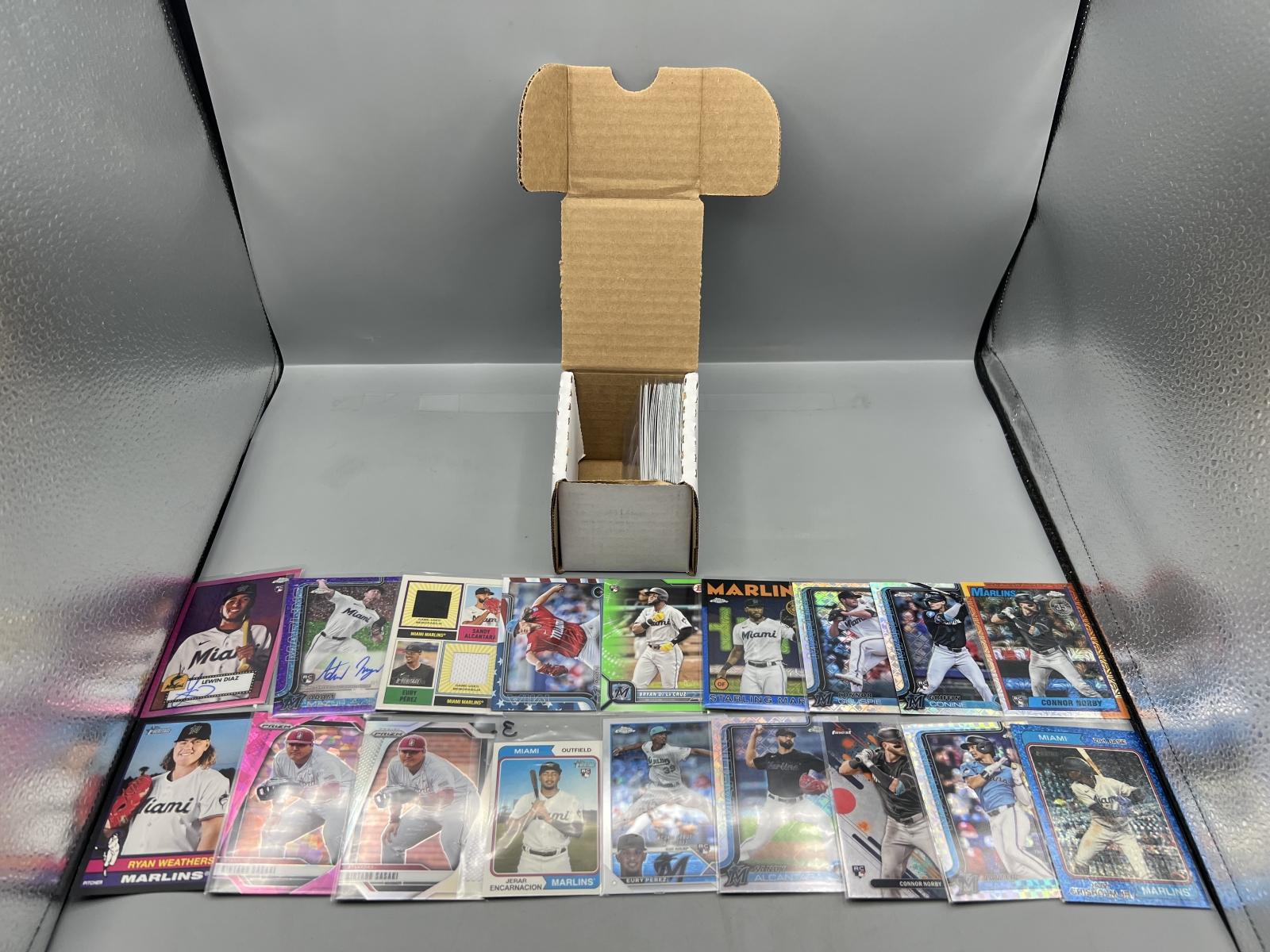 Box of Assorted Miami Marlins Baseball Cards W/ Many Stars, Rookies, Autos, Relics, Refractors, Parallels, & More