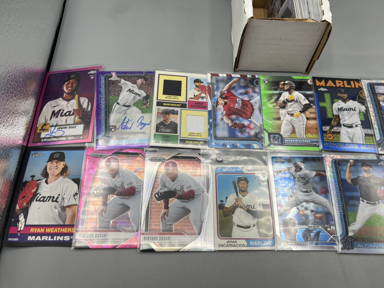 Box of Assorted Miami Marlins Baseball Cards W/ Many Stars, Rookies, Autos, Relics, Refractors, Parallels, & More