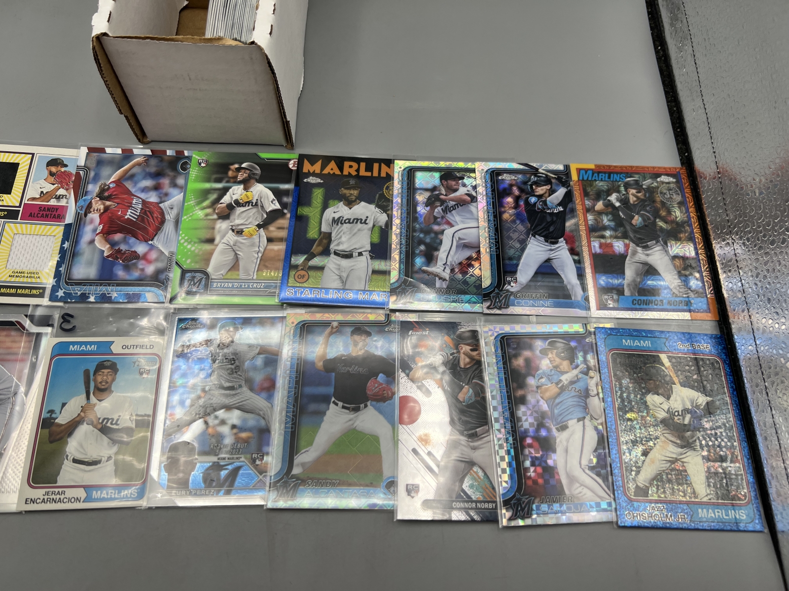 Box of Assorted Miami Marlins Baseball Cards W/ Many Stars, Rookies, Autos, Relics, Refractors, Parallels, & More
