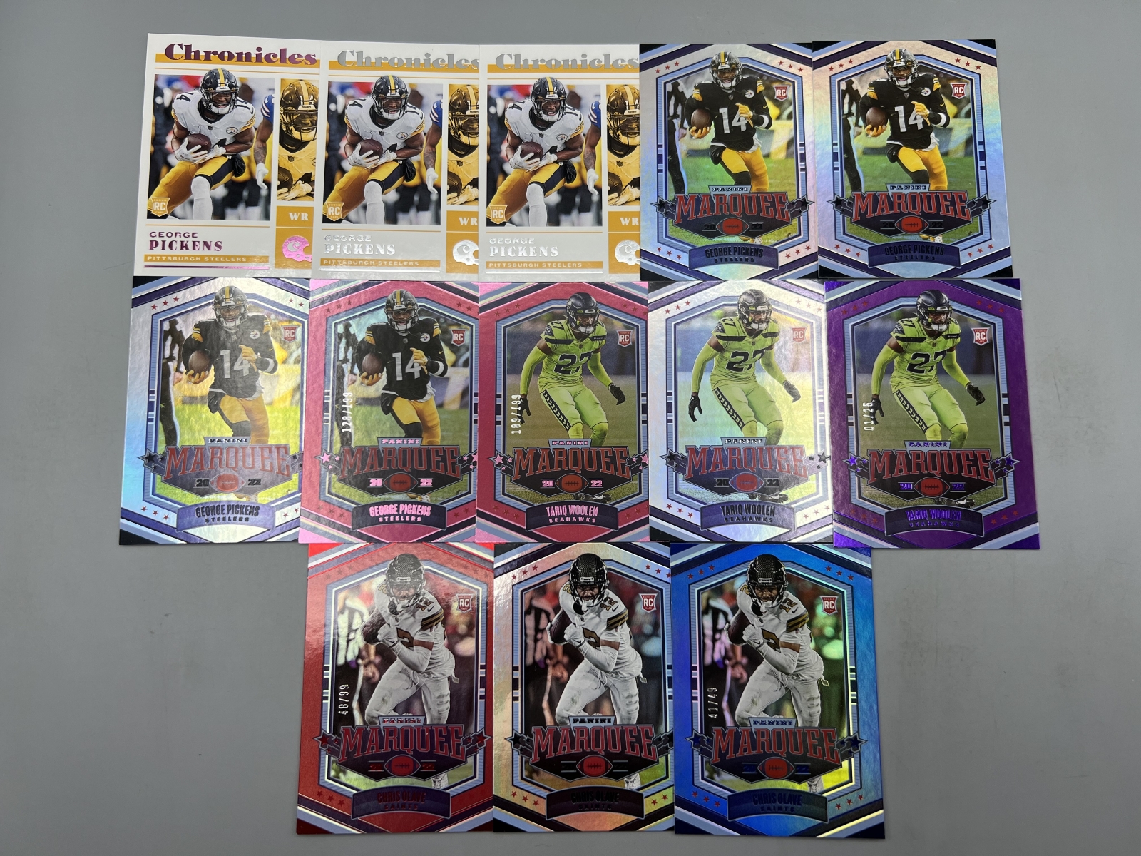 (13) 2022 Panini Chronicles Football George Pickens, Tariq Woolen, & Chris Olave Rookies W/ Parallels & Serial Numbered Cards
