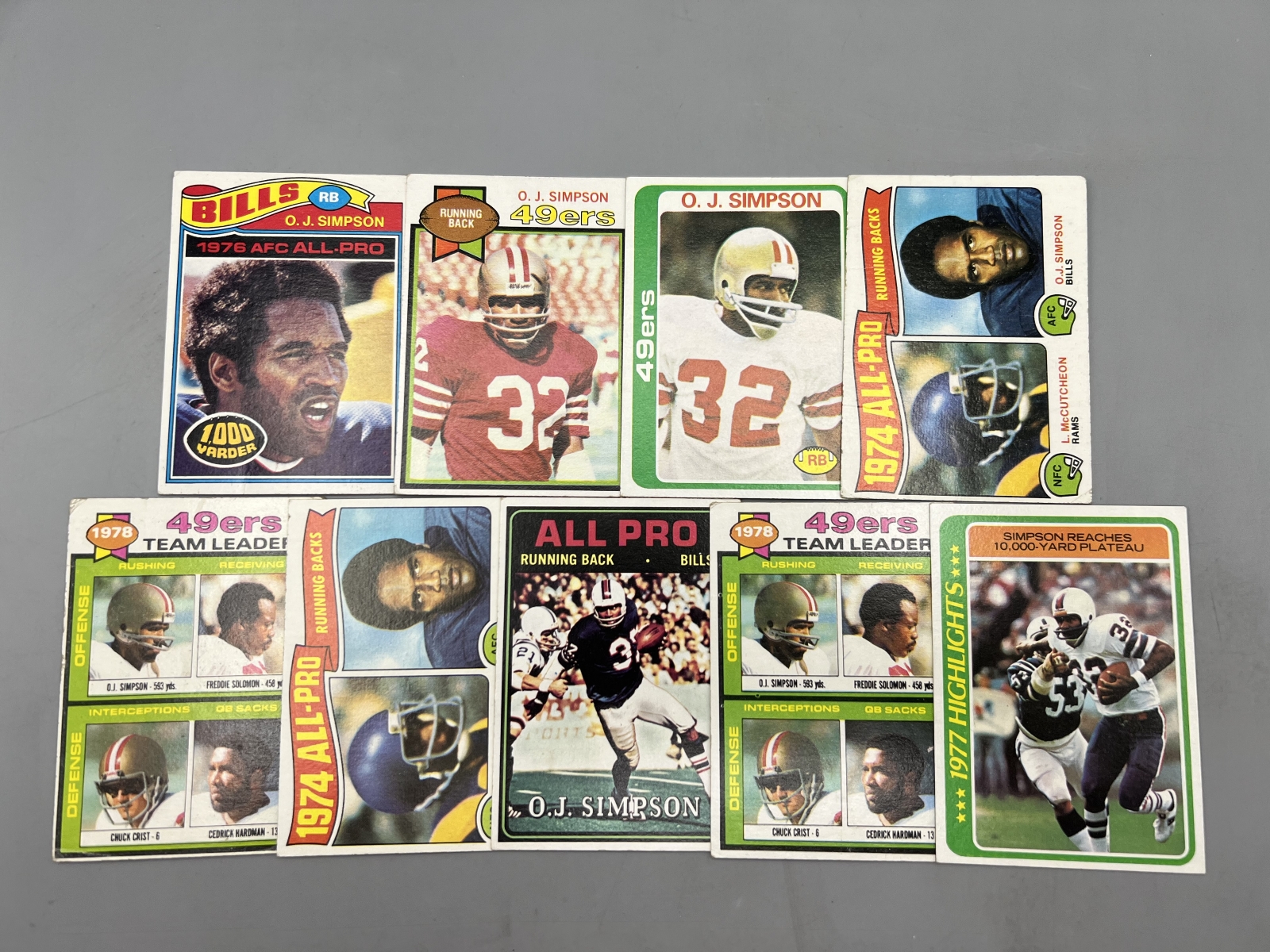 (9) 1970s OJ Simpson Football Cards - Varying Conditions
