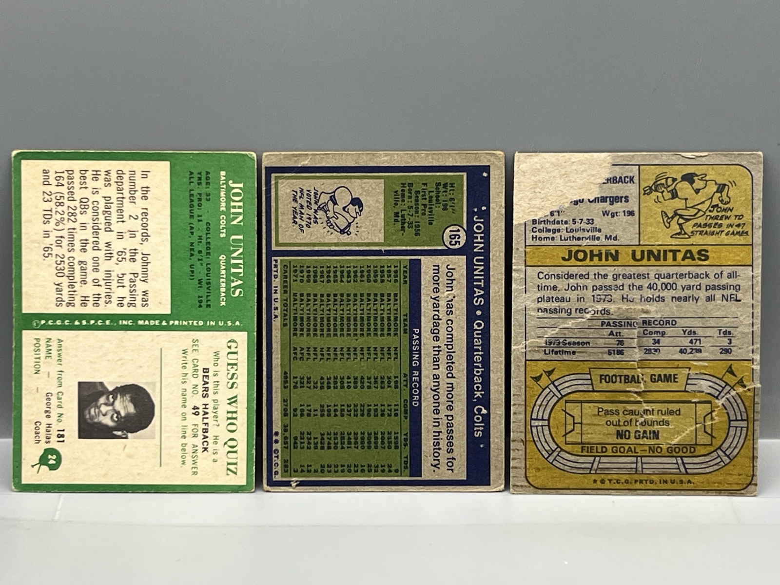 (3) Johnny Unitas Vintage Football Cards - Varying Conditions