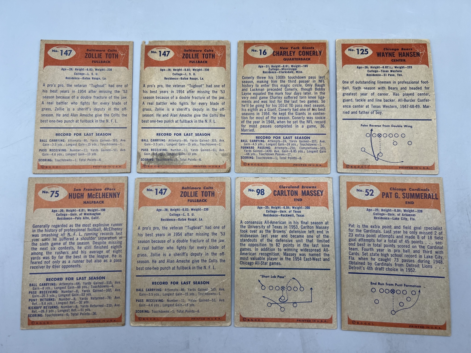 (8) 1955 Bowman Football Cards - Varying Conditions