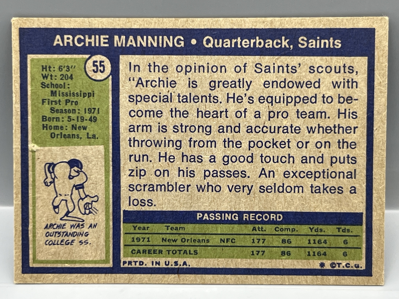 1972 Topps Archie Manning Autographed RC #55 - No COA