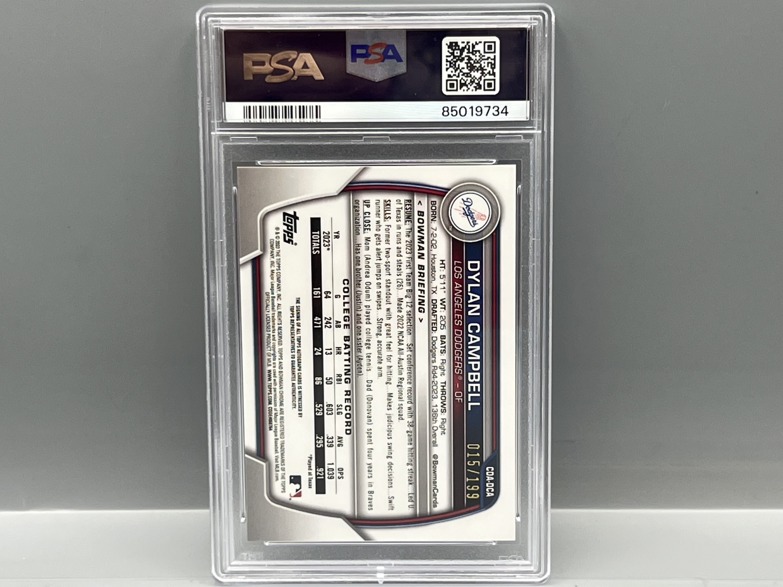 2023 Bowman Chrome Draft Dylan Campbell 1st Bowman Aqua Lava Refractor RC Auto #/199 PSA Gem Mint 10