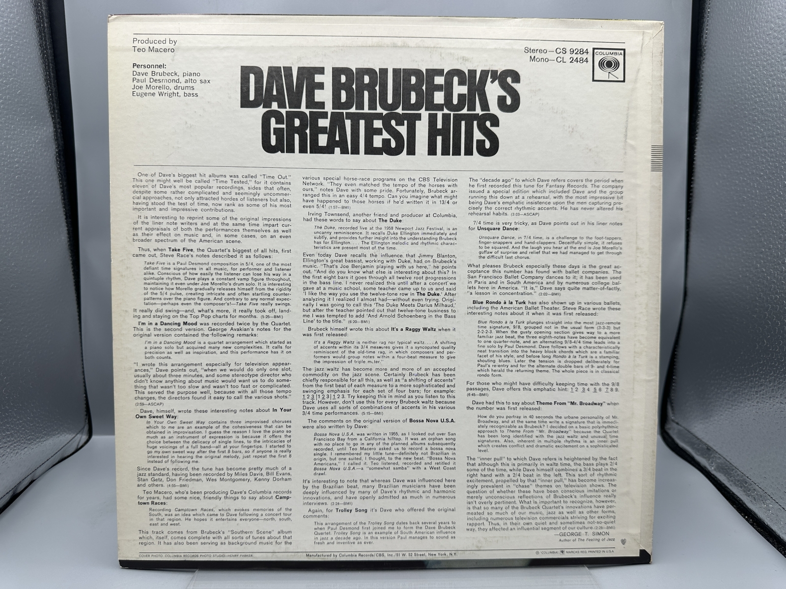 Columbia Records Dave Brubeck Dave Brubeck's Greatest Hits Vinyl Album LP (1966) CS 9284 - Stereo Pressing