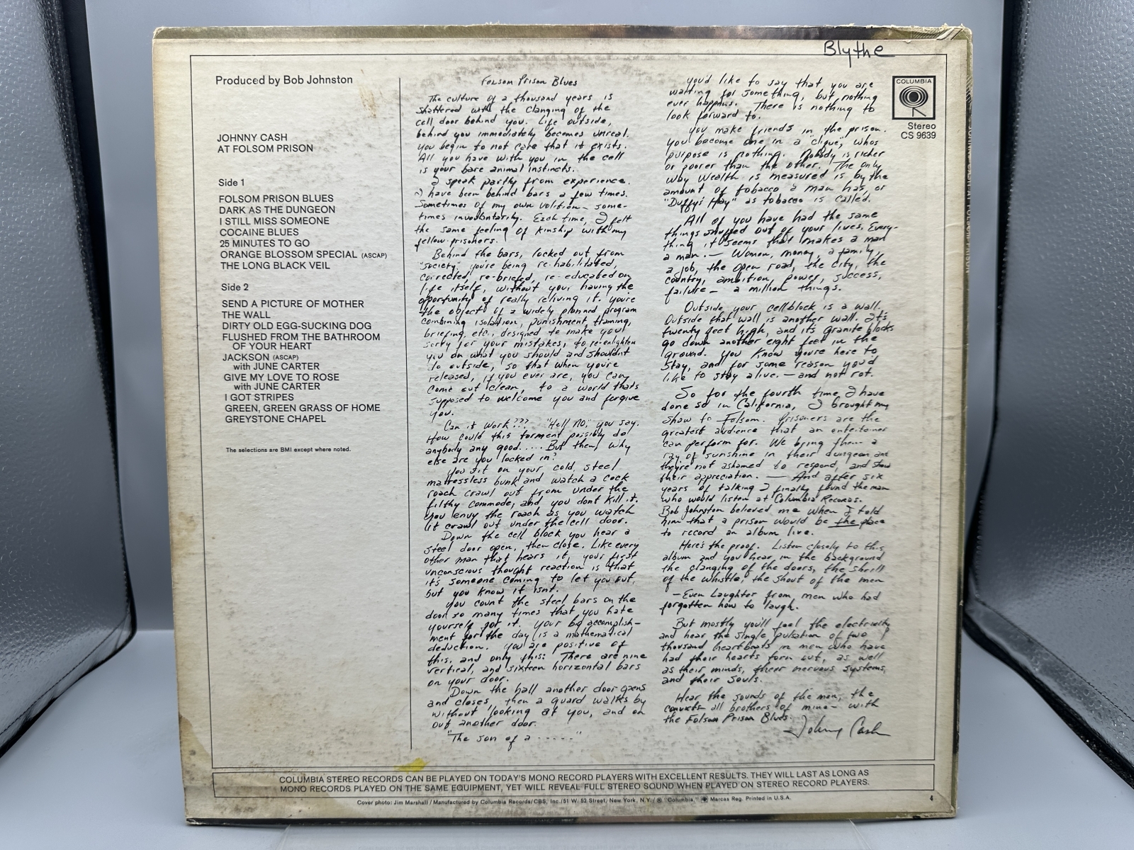 Columbia Records Johnny Cash At Folsom Prison Vinyl Album LP (1968) CS 9639 - US Pressing - Includes original promotional inner sleeve
