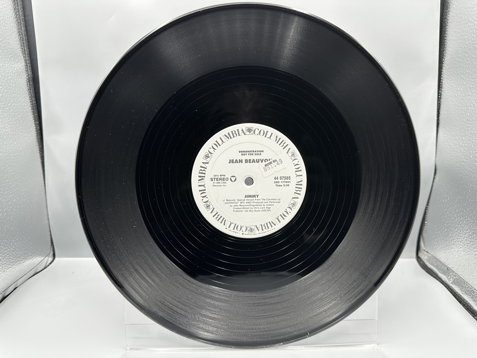 1987 Columbia Records Jean Beauvoir 'Jimmy' Promo Single Vinyl Record - 44 07585