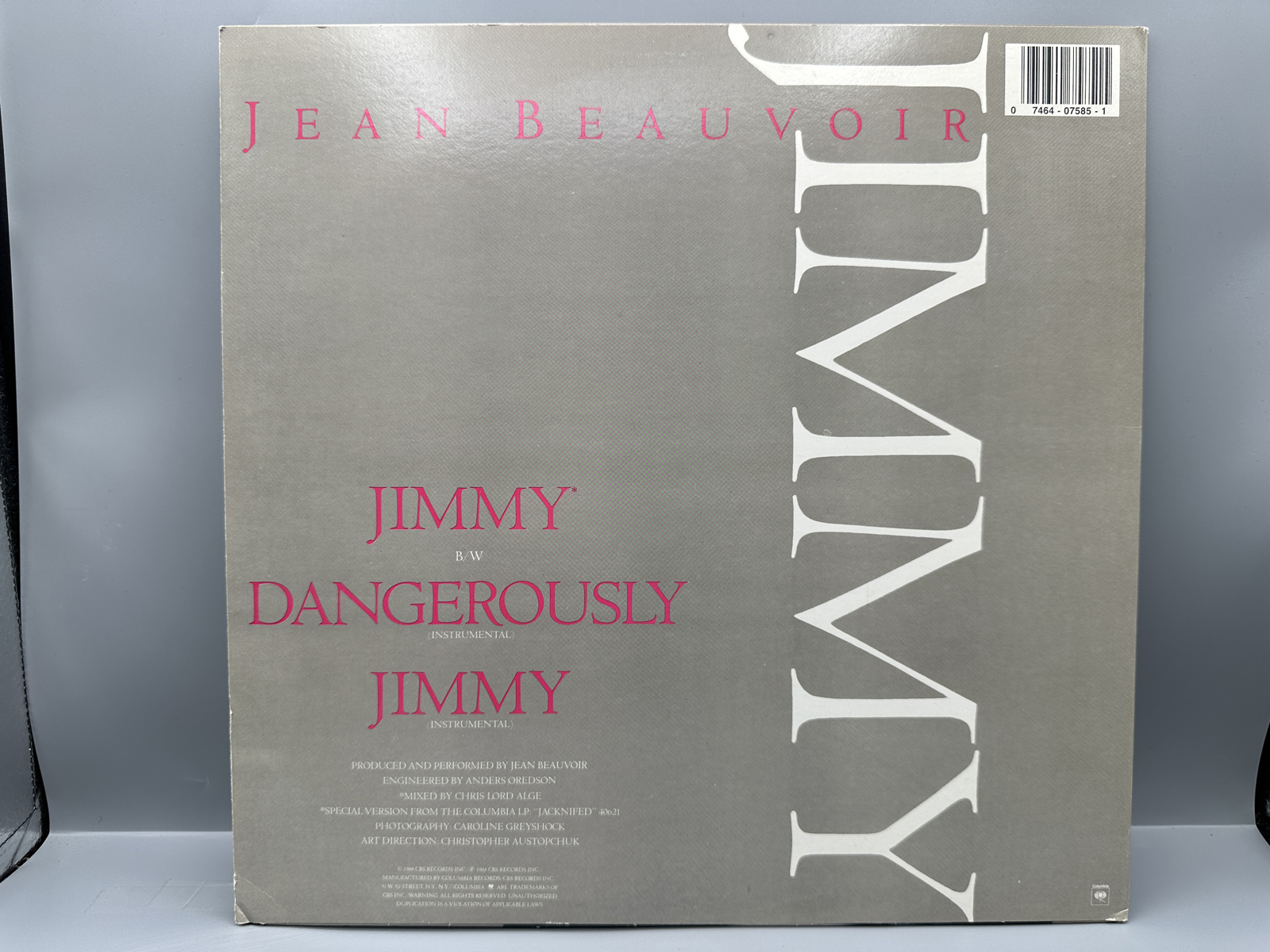 1987 Columbia Records Jean Beauvoir 'Jimmy' Promo Single Vinyl Record - 44 07585