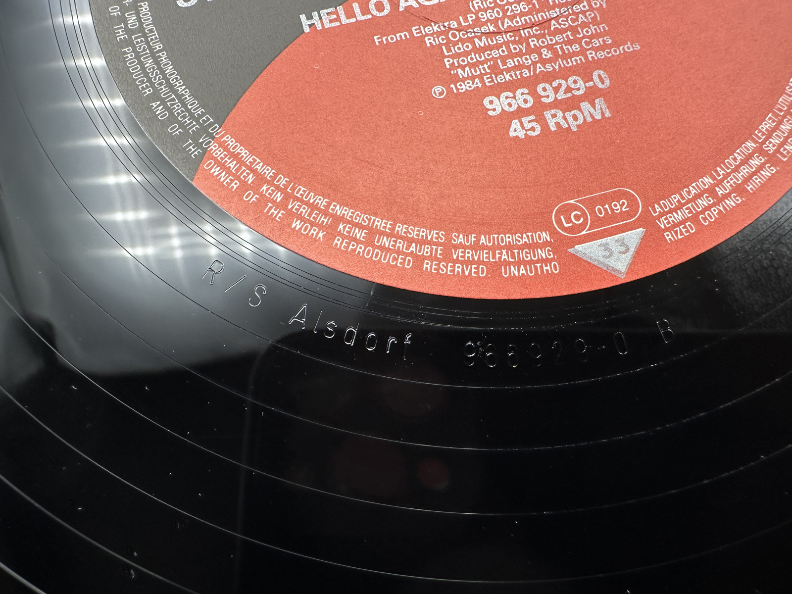 1984 Elektra/Asylum Records The Cars "Hello Again (Special 12 Inch Remix by Arthur Baker)" Vinyl Record - 966 929-0
