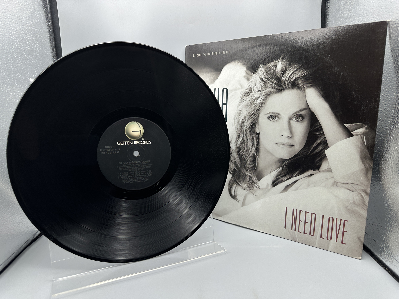 1992 Geffen Records Olivia Newton-John "I Need Love" Maxi-Single Vinyl Record - GEF12-21709