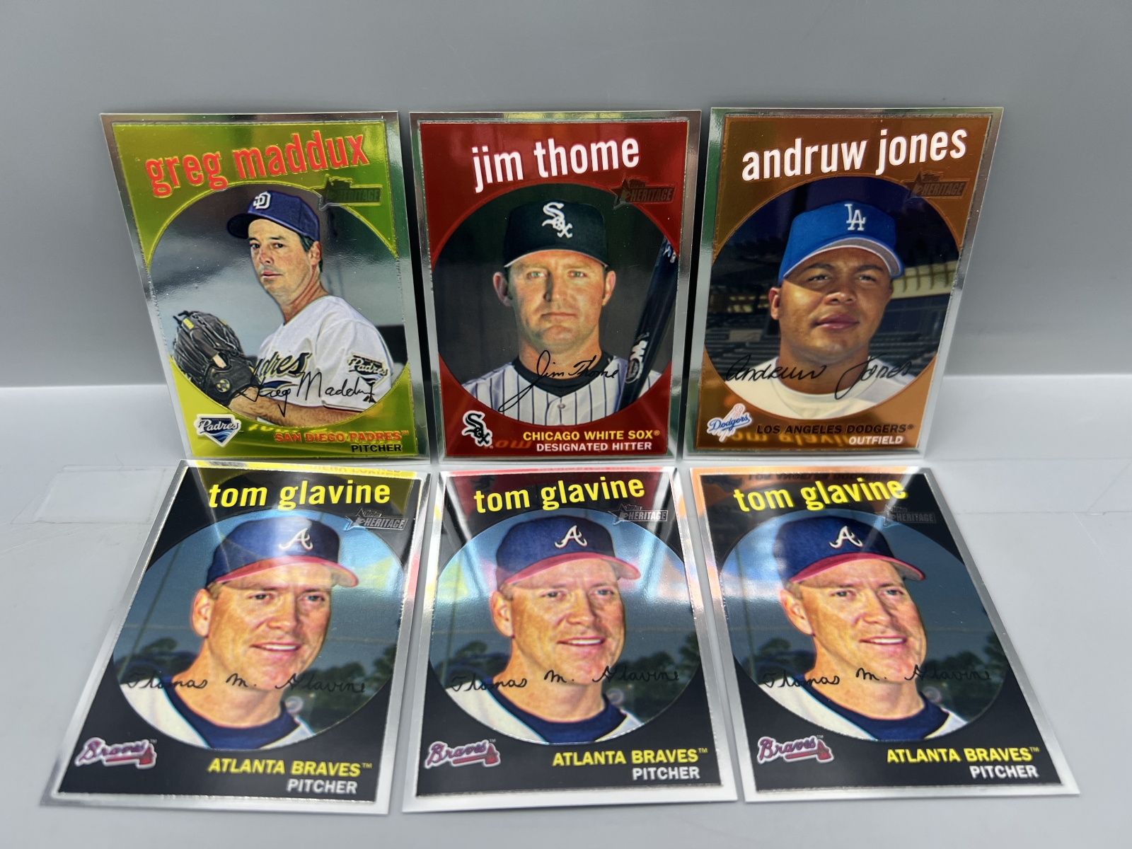 (6) 2008 Topps Heritage Chrome Baseball Cards - Greg Maddux, Jim Thome, Tom Glavine, Andruw Jones - HOFers - All Cards Are #/1959