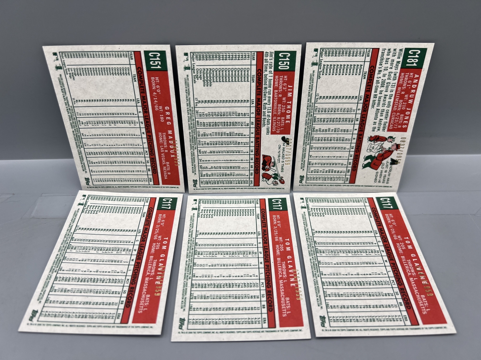 (6) 2008 Topps Heritage Chrome Baseball Cards - Greg Maddux, Jim Thome, Tom Glavine, Andruw Jones - HOFers - All Cards Are #/1959