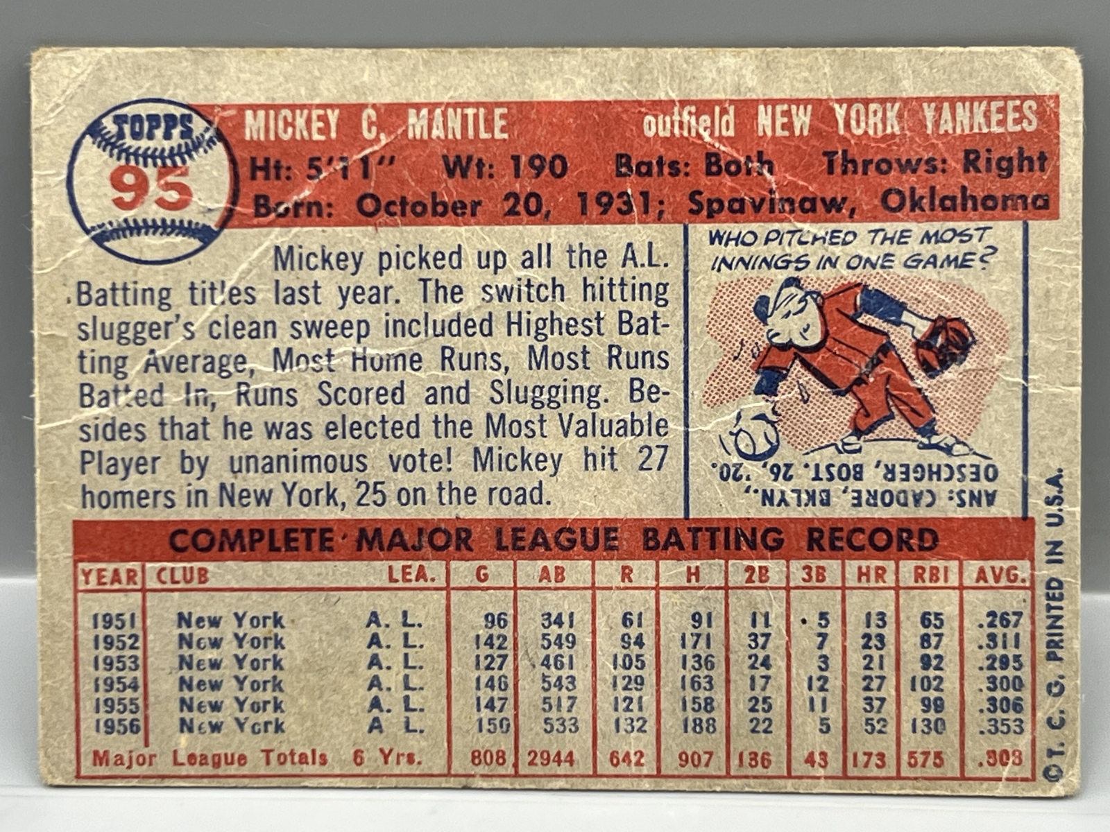 1957 Topps Mickey Mantle #95 - HOF - Yankees - Low Grade