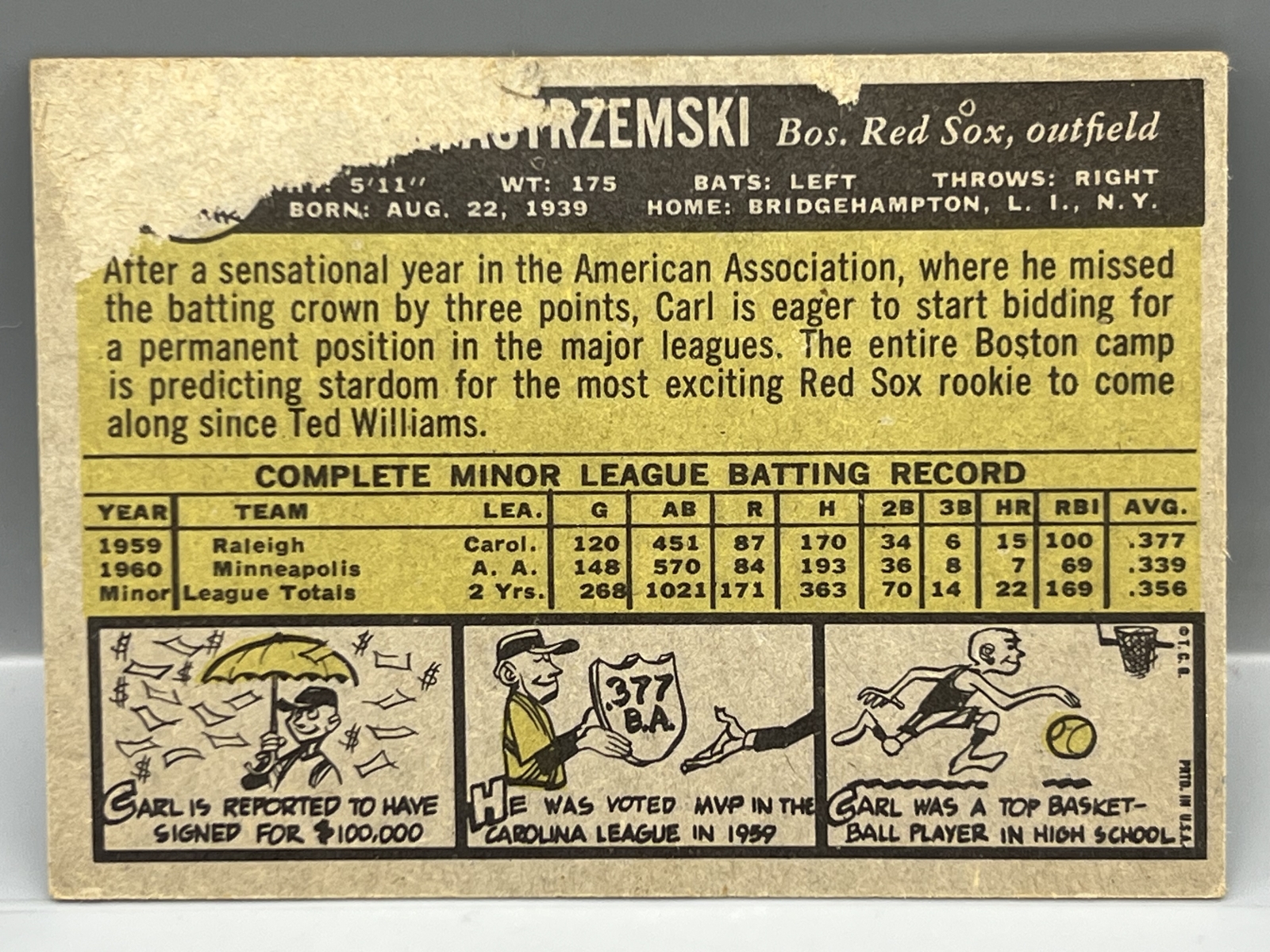1961 Topps Carl Yastrzemski #287 - HOF - Red Sox - Paper loss on back