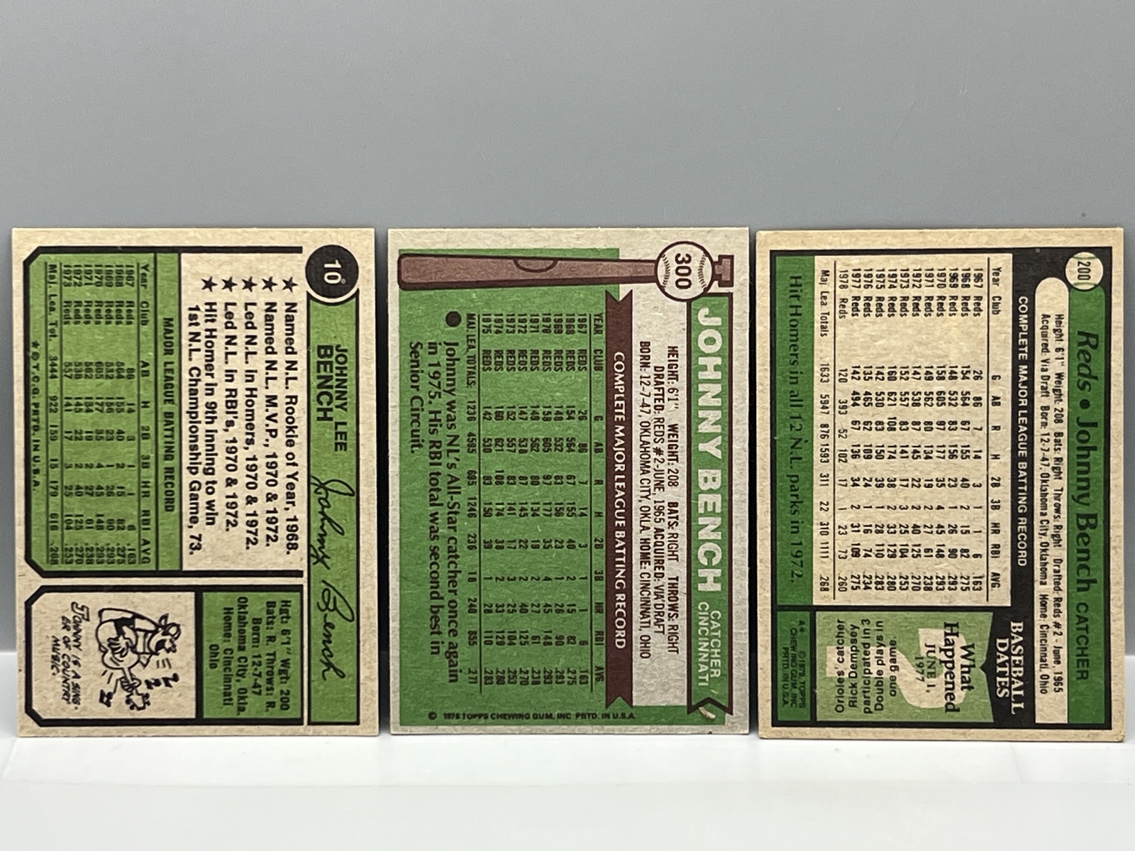 (Lot Of 3) Johnny Bench (HOF) - 1974 Topps #10, 1976 Topps #300, 1979 Topps #200