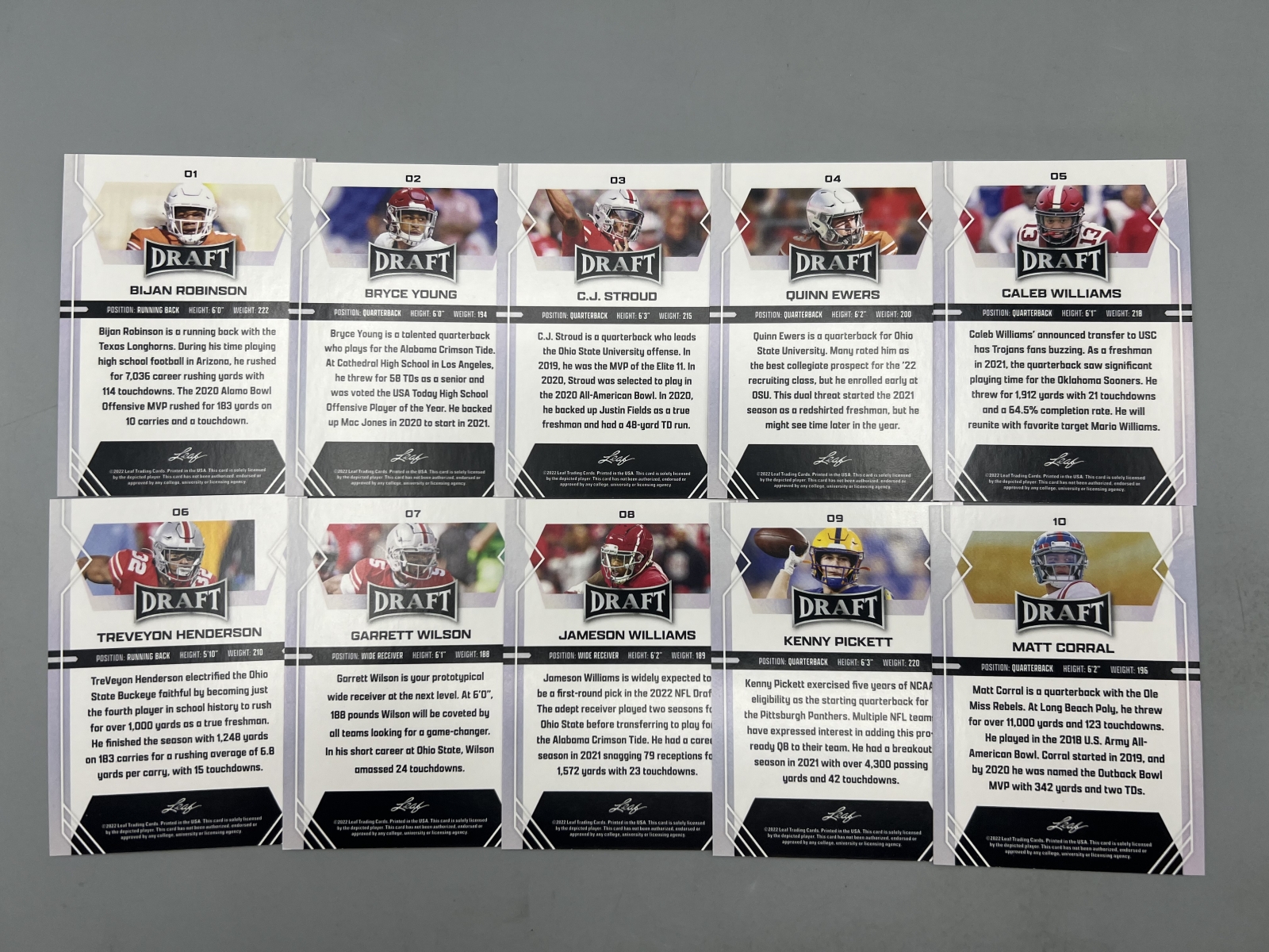 2022 Leaf Draft Football Complete 10 Card Rookie Set - CJ Stroud, Bryce Young, Caleb Williams