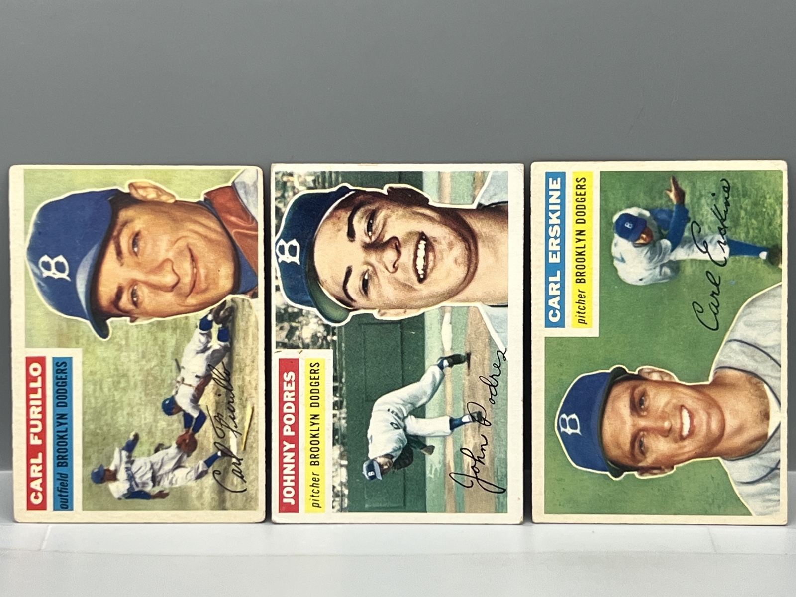 1956 Topps Carl Furillo #190, Johnny Podres #173, & Carl Erskine #233