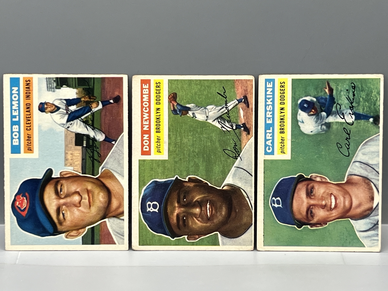 1956 Topps Bob Lemon #255, Don Newcombe #235, & Carl Erskine #233