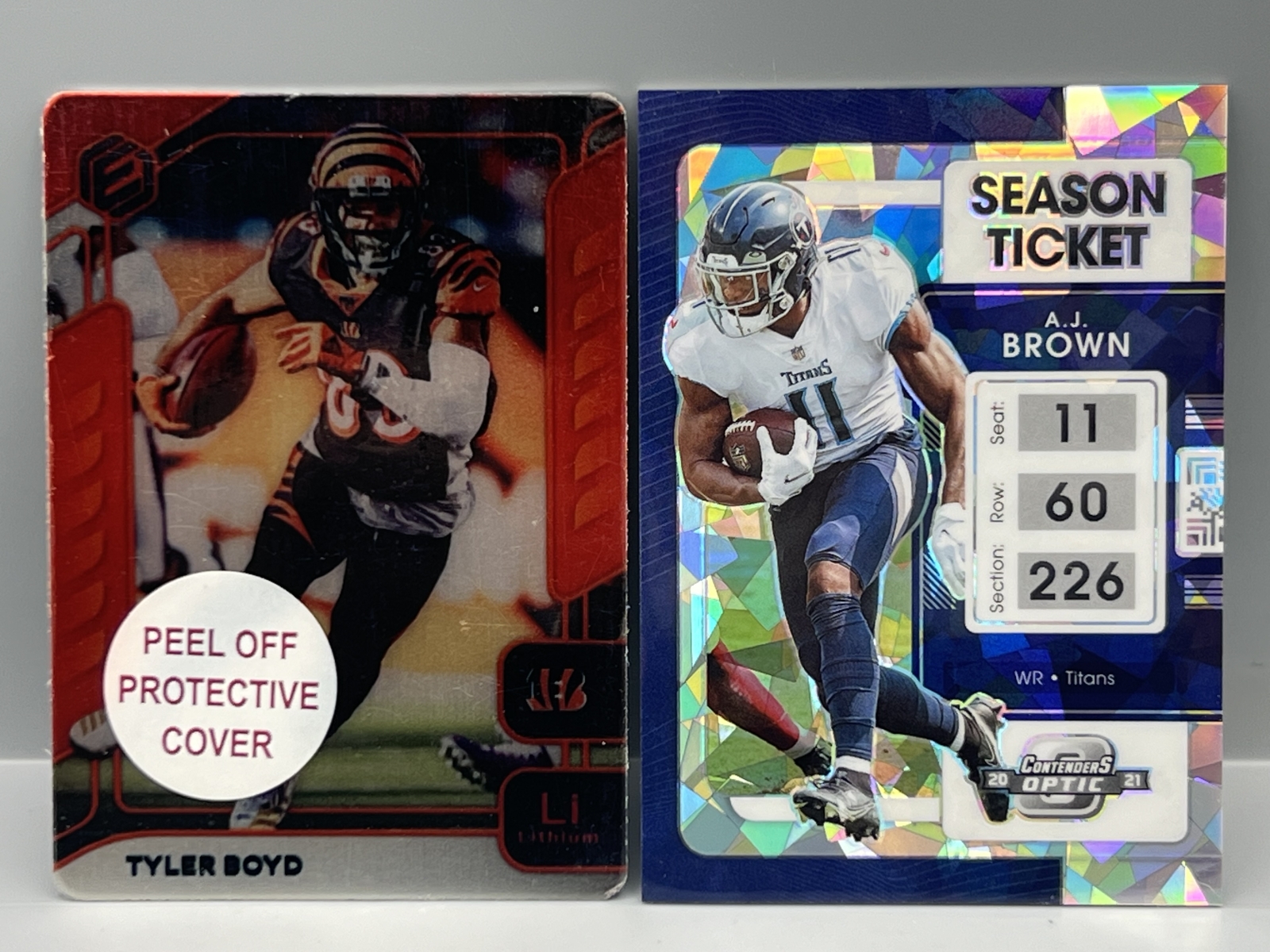 2020 Panini Elements Tyler Boyd Red Metal Card & 2021 Panini Contenders Optic A.J. Brown Cracked Ice #/22