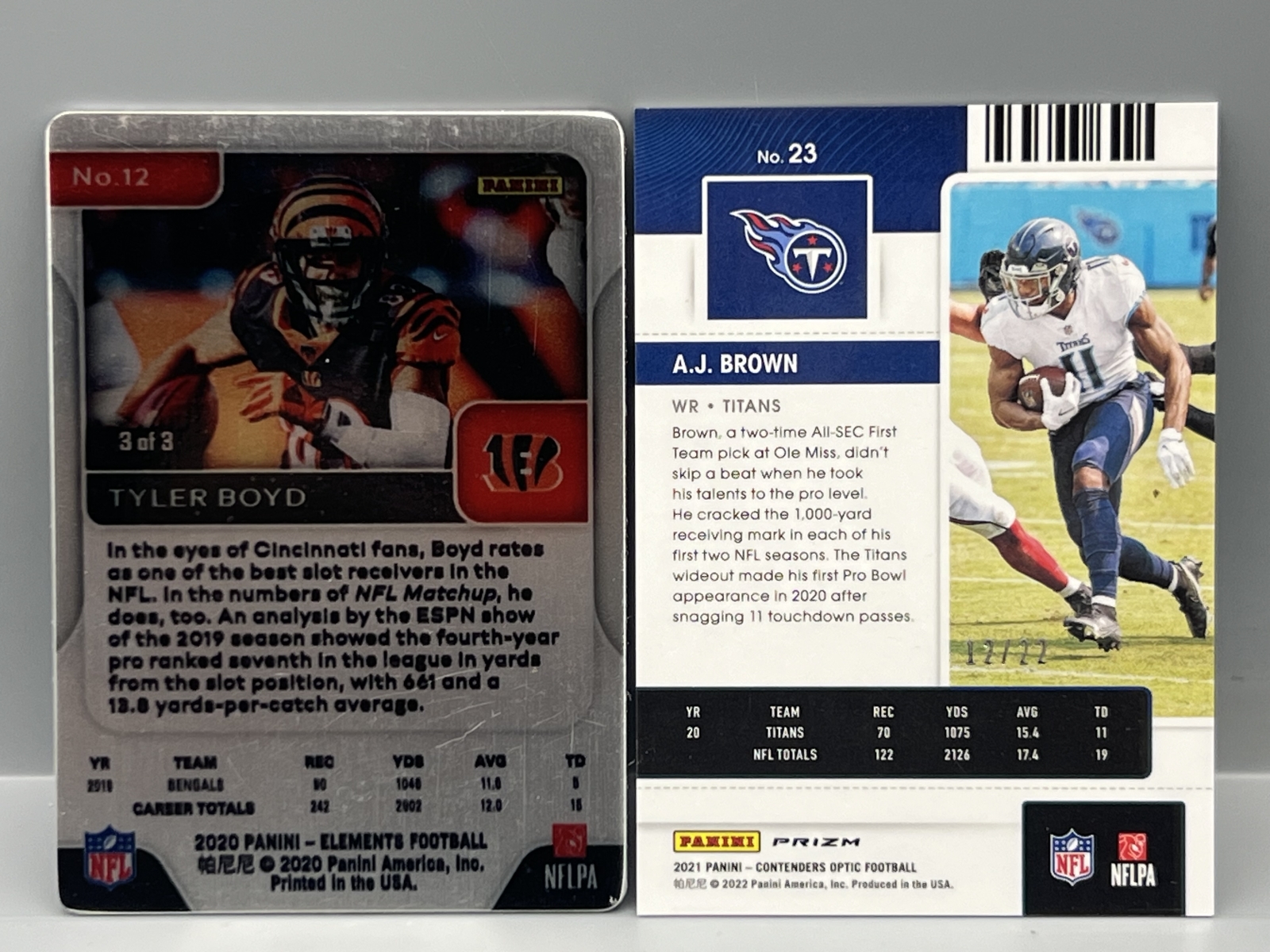 2020 Panini Elements Tyler Boyd Red Metal Card & 2021 Panini Contenders Optic A.J. Brown Cracked Ice #/22