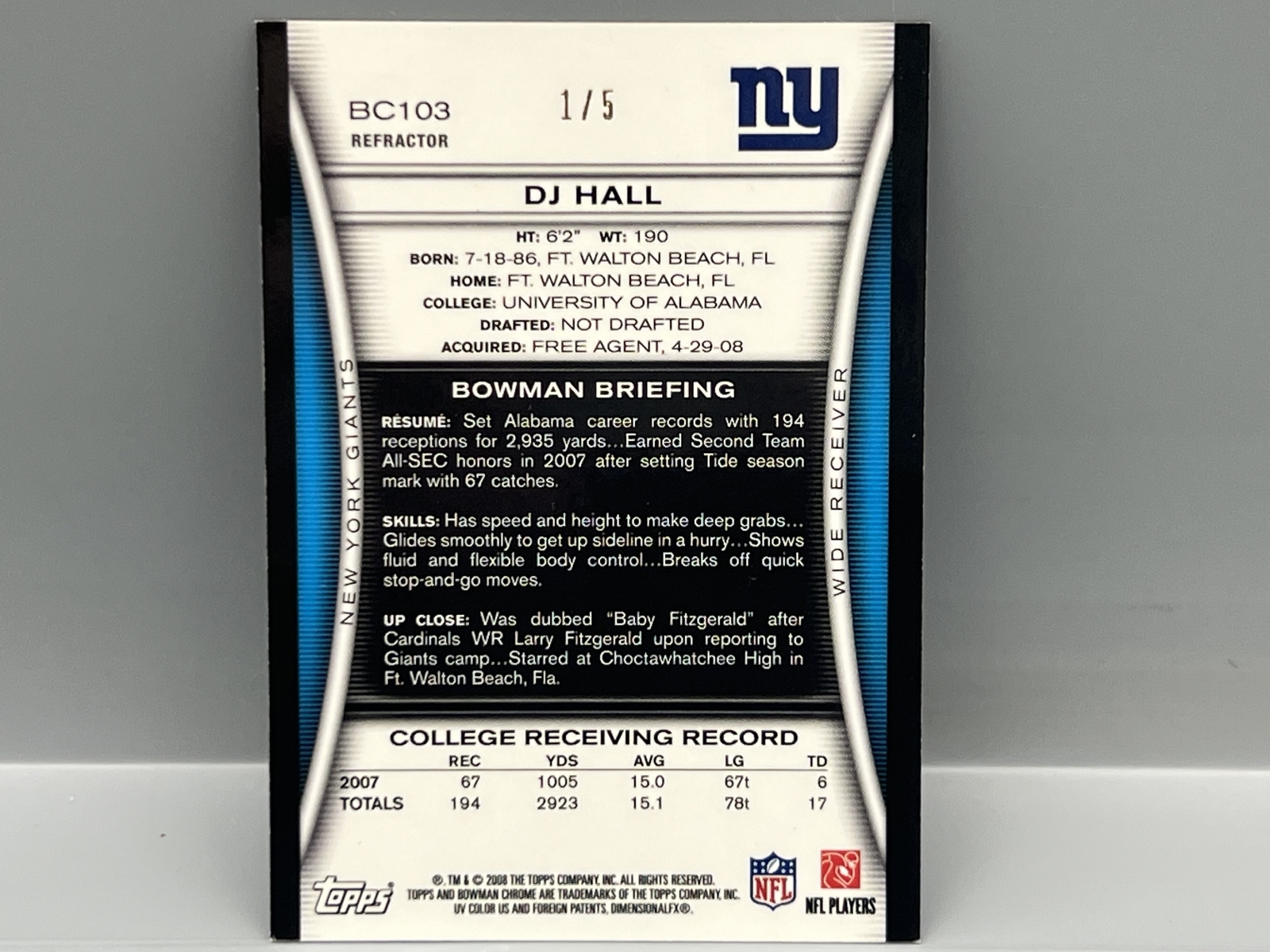 2008 Bowman Chrome DJ Hall Red Refractor RC #1/5