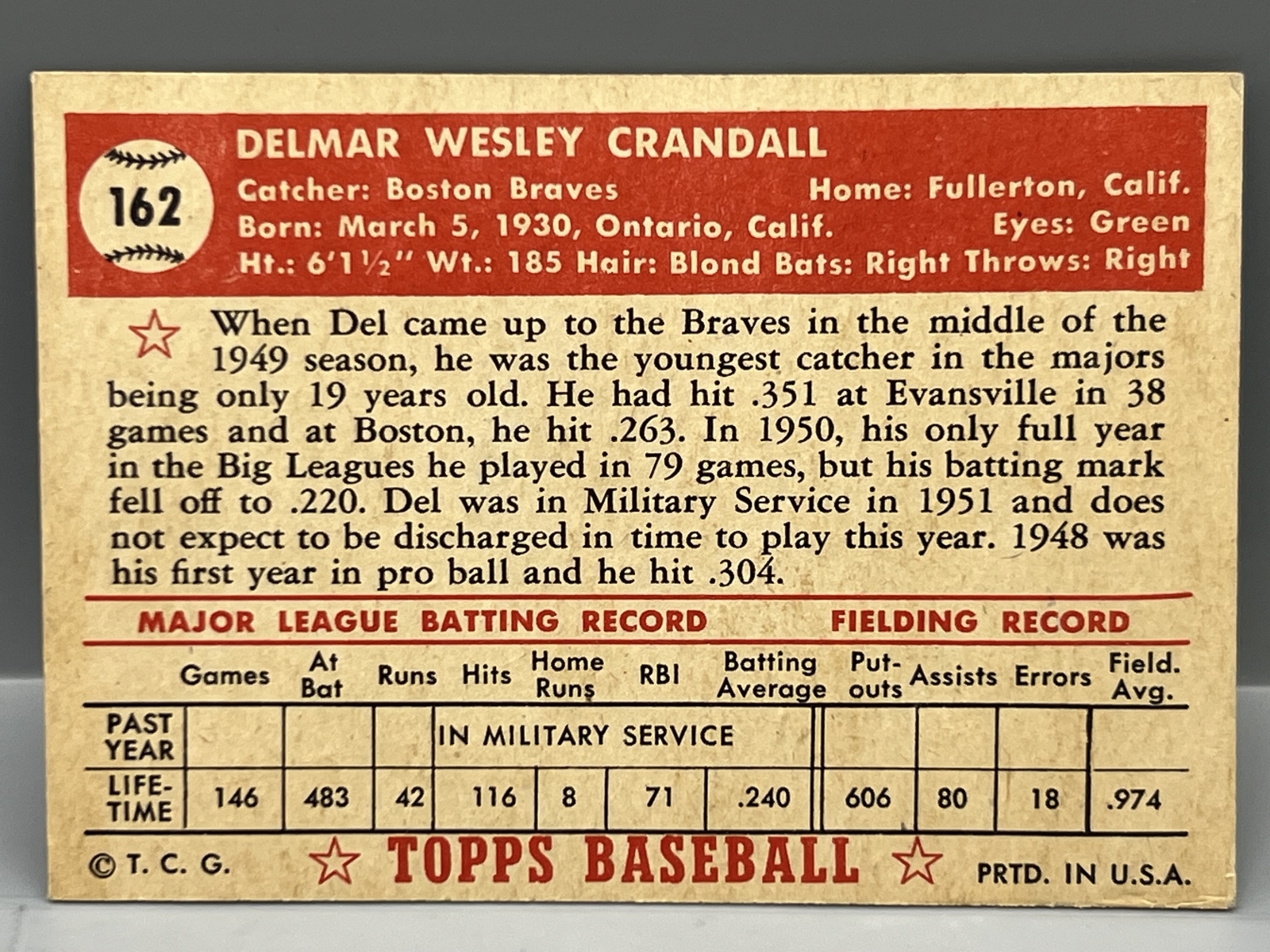 1952 Topps Del Crandall #162