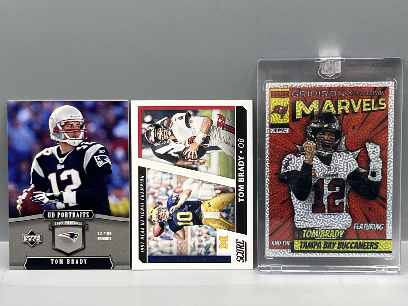 (3) Tom Brady Football Cards - encased card is a non-licensed custom card