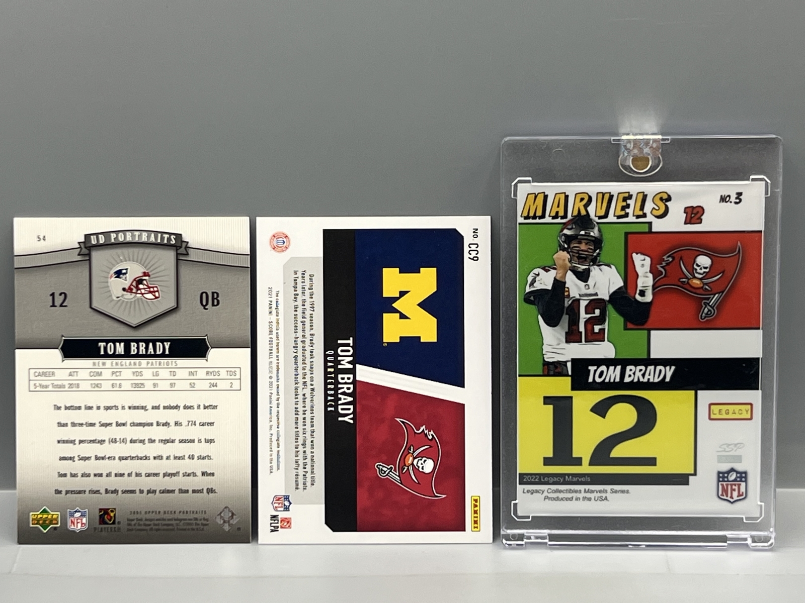 (3) Tom Brady Football Cards - encased card is a non-licensed custom card