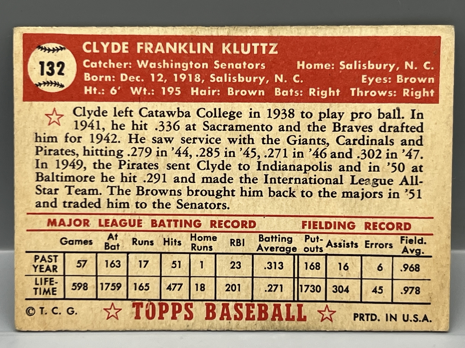 1952 Topps Clyde Kluttz #132