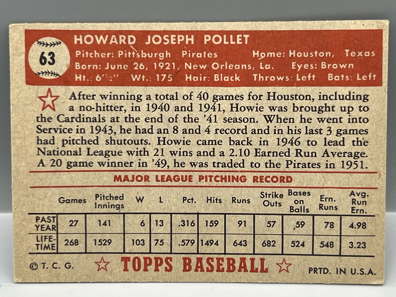1952 Topps Howie Pollet #63
