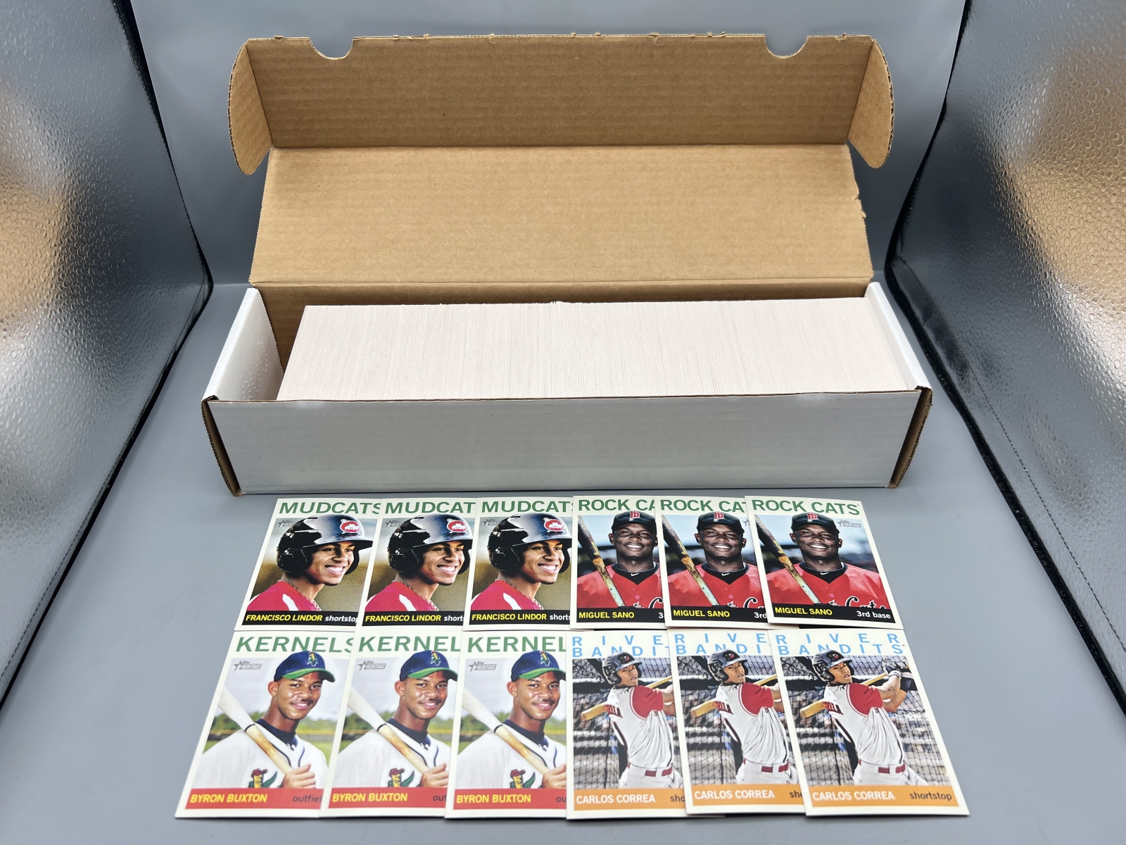 Box of 2013 Topps Heritage Minors Baseball Cards W/ Stars Inc. Francisco Lindor RCs, Byron Buxton RCs, & Carlos Correa RCs
