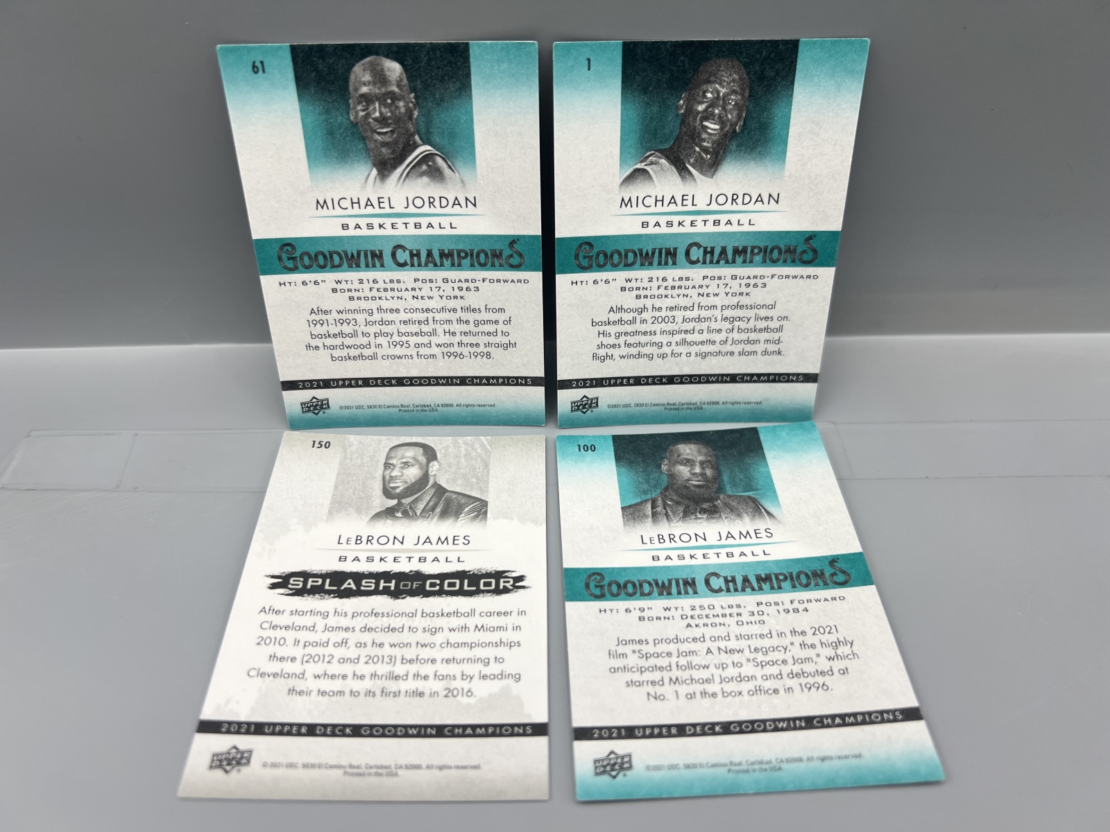 (4) 2021 Upper Deck Goodwin Champions Michael Jordan & LeBron James Basketball Cards - Splash of Color LeBron