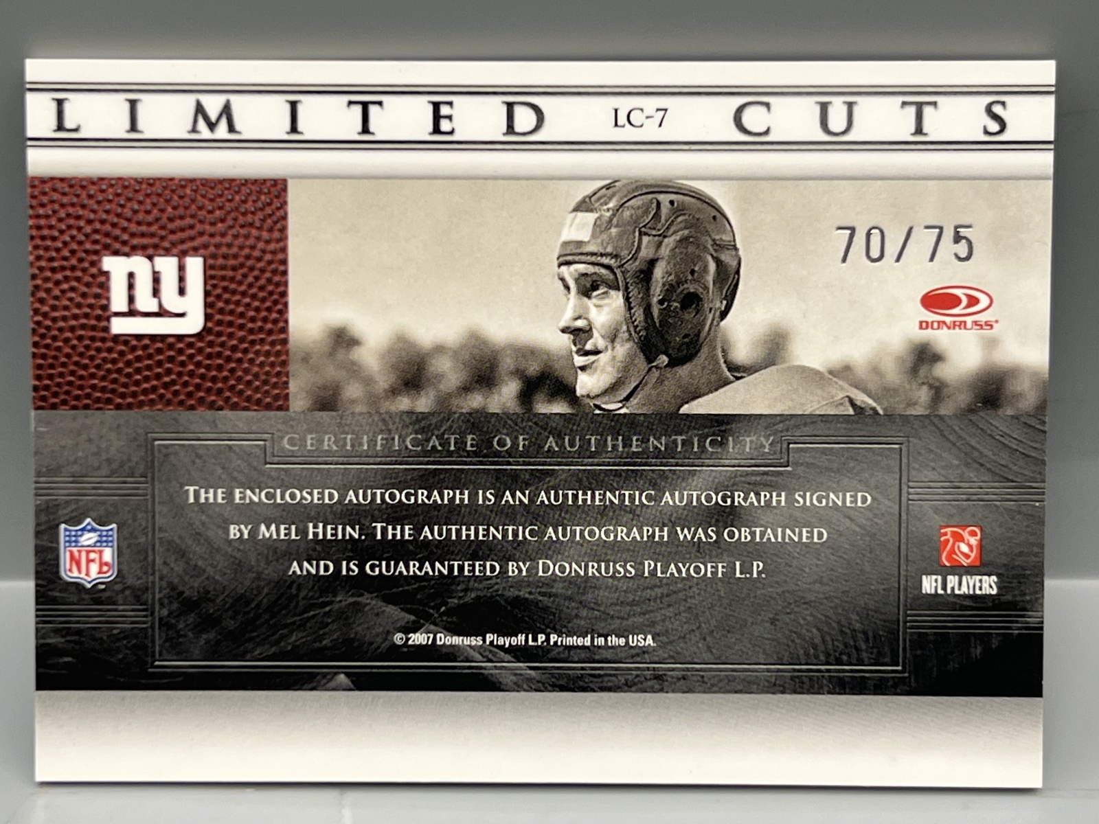 2007 Leaf Limited Mel Hein Limited Cut Auto #/75 - Hall of Famer
